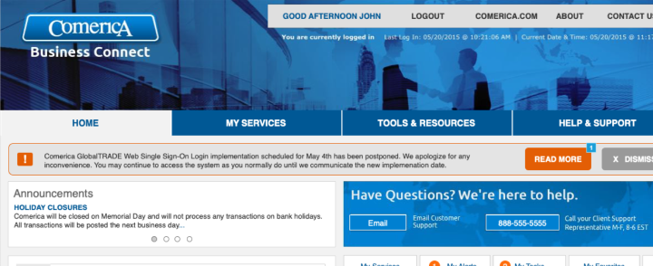 Comerica banking portal design
